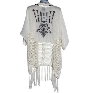 Rain + Rose Ivory Crochet Kimono Cardigan Embroidered Tribal Fringe Ivory Medium